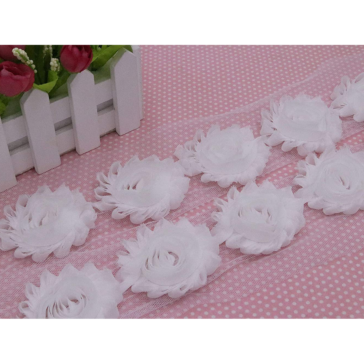 7 YARDS Shabby Chiffon Flower Trim 2.5″-White